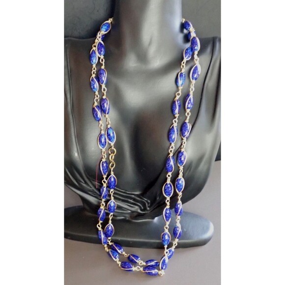 Lapis Lazuli Bead Copper Wire Wrapped Chain Link Long Single Strand Necklace 48" - Picture 14 of 14